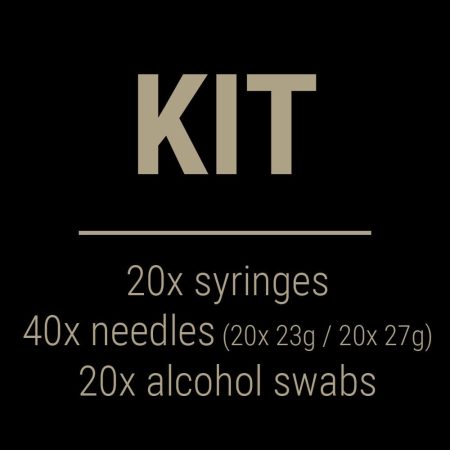 Kit (20x syringes, 40x needles (20x 23g / 20x 27g), 20x alcohol swabs)